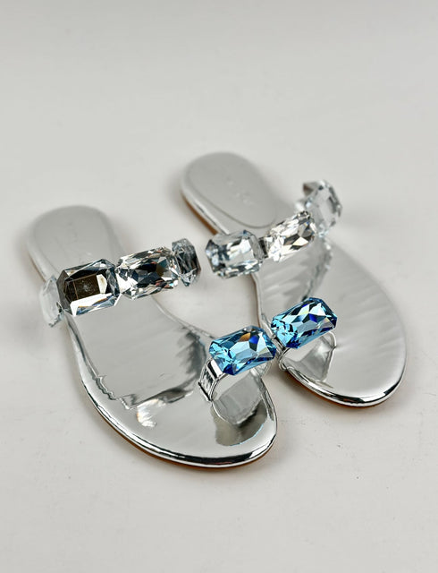 AQUA SILVER FLAT SLIPPERS WITH A BROOCH