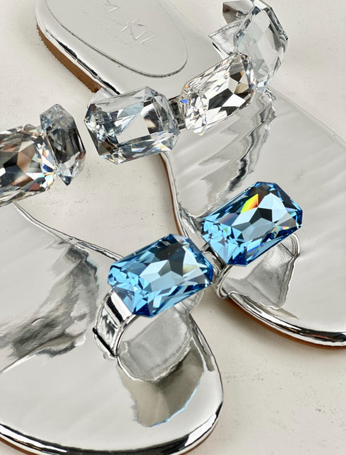 AQUA SILVER FLAT SLIPPERS WITH A BROOCH