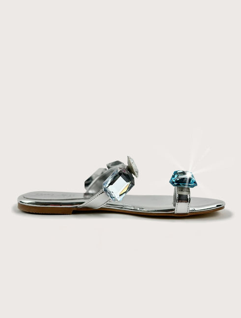AQUA SILVER FLAT SLIPPERS WITH A BROOCH
